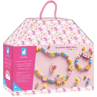 Janod - 4 Holzschmuckstücke zum Selbermachen Regenbogenland - Die Ersten Schmuckwerkstätten - DIY-Schmuckherstellung - Kinderbastelset - Feinmotorik und Konzentration lernen - Ab 4 Jahren - J09129