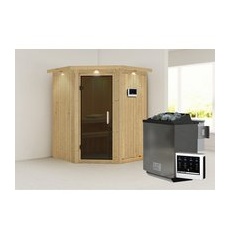 KARIBU Sauna »Tartu«, inkl. 9 kW Bio-Kombi-Saunaofen mit externer Steuerung, für 3 Personen - beige