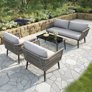Ball & Cast Gartenmöbel Set für 4 Personen, Balkonmöbel mit 2-Sitzer Sofa, Couchtisch und 2 Sesseln, Lounge Möbel Outdoor mit Glastischplatte und Geflochtenes PE-Seil aus Wassergrasimitat, Grau