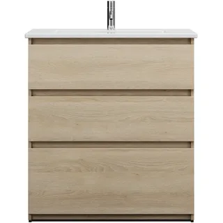 burgbad Lin20  Keramik-Waschtisch inklusive Waschtischunterschrank, 3 Auszüge, 830x415x912mm, SGHE083F5355C0001, Farbe: Eiche Dekor Cashmere