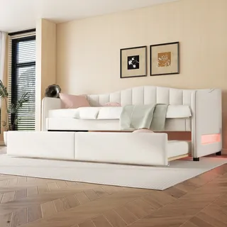 Flieks Polsterbett 90x200cm mit Ausziehbett, Schlafsofa Tagesbett mit LED, Sofabett Funktionsbett Jugendbett Gästebett, Leinen, Beige - Beige