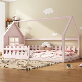 Flieks Kinderbett Hausbett 90x200cm mit Lattenrost, Bodenbett Einzelbett mit Rausfallschutz, Holzbett Spielbett Kinderzimmer, Rosa - Rosa