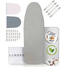 lamodo® - Bügelbrettbezug 140x45 für Dampfbügeleisen aus 100% Baumwolle mit extra Dicker Polsterung inkl. Bügeltuch - Gummizug und smartem Klettverschluss + Bügeltipps... (HELLGRAU/EINFARBIG, XL)