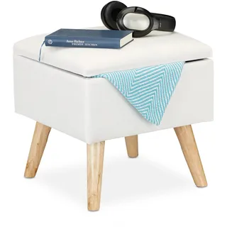 Relaxdays Hocker mit Stauraum, Kunstleinen-Bezug, gepolstert, Holzbeine, Fußhocker mit Deckel, HBT: 40x40x40 cm, weiß