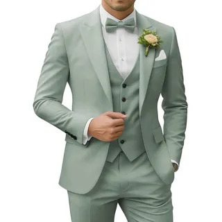 SPTALLFITJSV Herren 3-teiliger Anzug Slim Fit Peak Lapel 2-Knopf Blazer Jacke Weste Hose Set Hochzeit Business Abiball Party Anzug, Dusty Green, XL