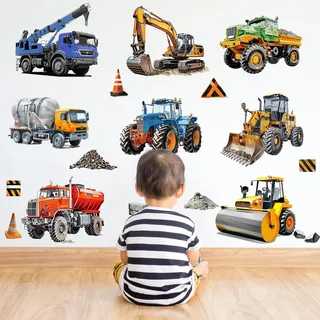 WandSticker4U®- Wandtattoo Kinderzimmer Junge FAHRZEUGE XXL I Wandsticker Auto Baustelle Bagger Traktor Kran Babyzimmer I Wandaufkleber Kinderzimmer Deko Junge Möbel Aufkleber GROß