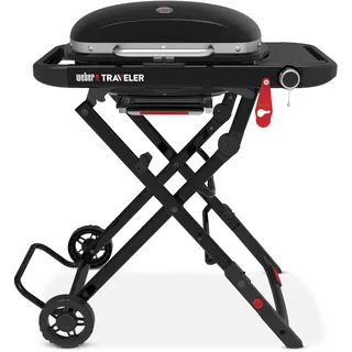 Weber Traveler Compact Gasgrill (2026) / Tragbares klappbares Design mit Rädern, Automatische Deckelarretierung und Deckelthermometer, 1 Brenner, 81 cm breit, 52 x 36 cm Grillfläche, Schwarz