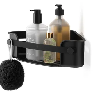 Umbra Flex Duschablage zum Kleben, Rostfreies Duschregal für Shampoo, Conditioner, Duschgel, Seife, Luffaschwamm, ohne Bohren, Rostfrei, Schwarz