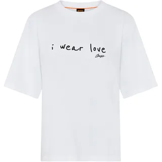 T-Shirt BOSS ORANGE "Eregular Premium Damenmode", Damen, Gr. XL, weiß (weiß 100), Single Jersey, Obermaterial: 100% Baumwolle, unifarben, relaxed fit hüftbedeckend, Rundhals, abgesteppte Kante, Shirts T-Shirt, mit Statement-Schriftzug, Relaxed Fit