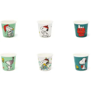 Excelsa Peanuts Shiny & Bright Set mit 6 Espresso-Bechern, Porzellan, Grün und Weiß, verziert mit Weihnachts-Snoopy, 6 x 6 x 6 cm, 90 ml