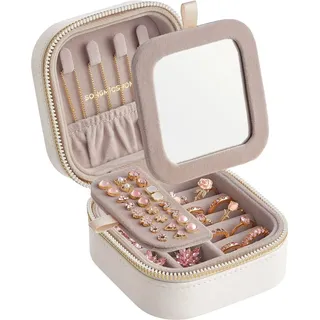 Songmics Reise-Schmuckkästchen Anah 10,5 x 10,5 x 6 cm Weiß-Beige
