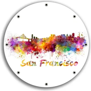 Wallario rundes Outdoor-Poster für Garten oder Balkon, Motiv Städte als Aquarell - Skyline von San Francisco, 30 cm Durchmesser - Weiß