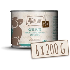 MjAMjAM - Premium Nassfutter für Hunde - purer Fleischgenuss - gute Pute pur 200g, 6er Pack (6 x 200g), naturbelassen mit extra viel Fleisch