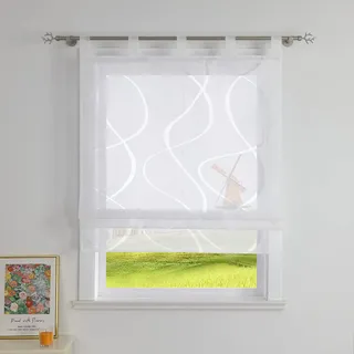 CORLIF Raffrollo Ausbrenner Gardinen Küchen Raffgardinen Landhaus Transparente Schlaufenrollo mit Wellenmuster Kurzvorhang Modern Rollos mit Schlaufen Weiß BxH 140x140 cm 1 Stück