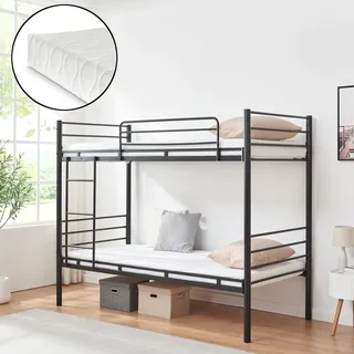 Metall Etagenbett 'Bevapis' Hochbett mit 2 Matratzen Rausfallschutz und Leiter 90 x 200 cm Schwarz - Schwarz