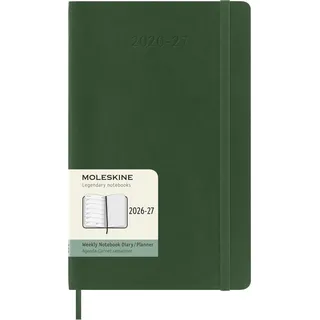 Moleskine Wochenkalender 2026–2027 – 18-Monats-Kalender mit Notizbereich, Softcover und Gummibandverschluss, Farbe Myrtegrün, Large-Format 13 x 21 cm