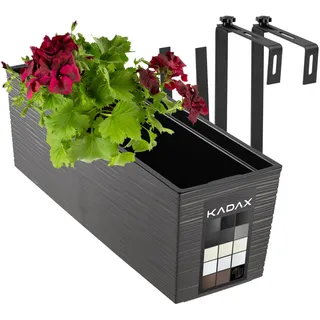 KADAX Blumenkasten 18,5x56 cm, Ritzmuster, Grafit, mit Halterungen, mit Einsatz – wetterfester rechteckiger Pflanzkasten für Balkon und Outdoor
