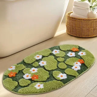 Dermalyx Grünes Blumen Moos Badematte, Dicke 3D Tufted Mikrofaser Badezimmerteppich Weich Flauschig, rutschfest Waschbar Saugfähiger Badvorleger Badteppich 50x100cm