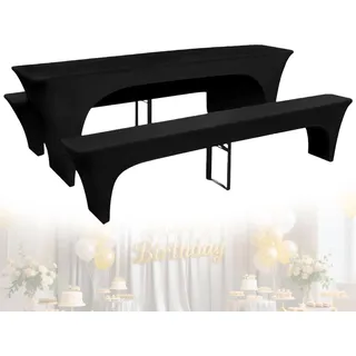 Stretch Bierzeltgarnitur, 3-Teiliges Set Hussen Bierzeltgarnitur, 220 X 50 X 70 Cm Elastisch Biertischhussen, Bierbank Hussen, Bierbankhussen Bankgarnitur Für Hotel, Hochzeit, Meeting, Schwarz
