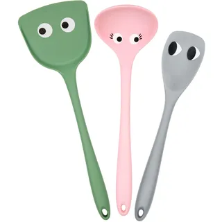 Fisura - Originelle Küchenutensilien mit Augen. Packung mit 3 Küchenutensilien aus Silikon. Set aus 3 pastellfarbenen Küchenspachteln. BPA-freier, hitzebeständiger Silikonlöffel und -zungen.