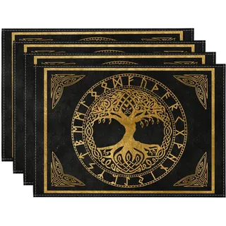 Artoid Mode Gold Wikinger Futhark Runen Odin Baum des Lebens Platzsets 4er Set, 30x45cm Urlaub Tischsets Waschbar Platzdeckchen Küche Party Deko