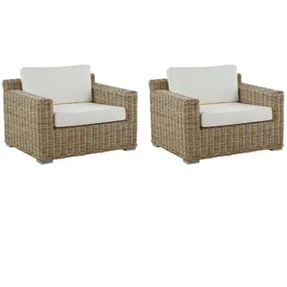Beliani Gartensessel 2er-Set Rattan natürlich Auflagen cremeweiß Ardea , Multicolor, Creme , Naturmaterialen , 112x70x90 cm , Gartenmöbel, Loungemöbel, Loungesessel