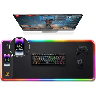 Gimars Upgrade Gaming Mauspad RGB, 15W Kabelloser Schnellladung, 800x300x5mm, Mousepad XXL mit 10 Farben LED-Licht, Groß LED Mouse Pad Gaming Zubehör mit Glatter Oberfläche, Rutschfester Gummifuß
