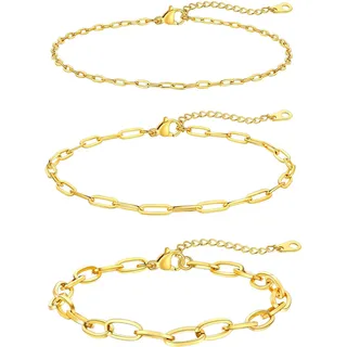 FaithHeart Fußkettchen Gold Fußkette Damen Fussketten Kette Set Wasserfest Ankerkette Rolokette Gliederkette Layering-Kette 2MM&3MM&6MM breit Armband Fußschmuck in Gold