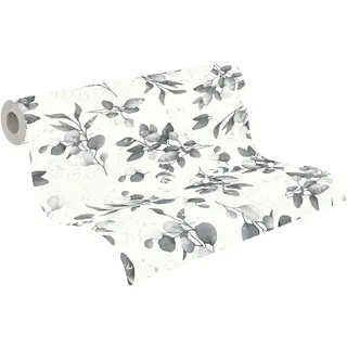 A.S. Création Pure Elegance Vliestapete mit Blütenmotiv 10,05 m x 0,53 m – Weiß, Schwarz, Grau – Blumentapete – 397686