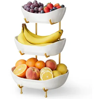 Josmimic Keramik 3-stufige Obst Etagere mit Metallständer, Weiß Gold