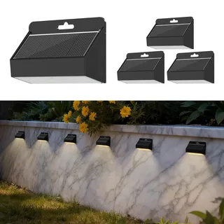 Smiling Shark Solarleuchten für Außen, 4 Stück LED Solar Wandleuchte Aussen IP65 Wasserdichte Wandlampe Solar Zaunleuchten für Garten Stufen Zäune Geländer Terrasse Balkon Treppen, Warmweiß