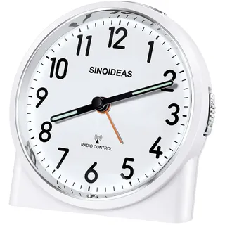 SINOIDEAS Funkwecker,Funkwecker Analog ohne Ticken, mit Nachtlicht Schlummerfunktion, 1 x 1,5 V AA-Batterie (Nicht im Lieferumfang enthalten) (Weiß)
