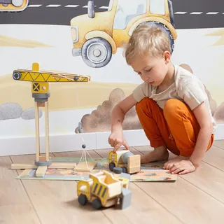 Baustellen-Set mit drehbarem Kran und Holzfahrzeugen – Spielset für Kinder