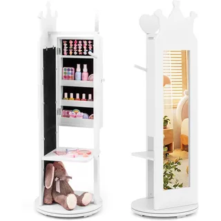 Fantask Kinder Schmuckschrank 360°drehbar, 4 in 1 Spiegelschrank mit Ganzkörperspiegel & Kleiderständer, Mädchen Schmuck-Organizer in Weiß, Schmuckständer für Kind ab 3 Jahren