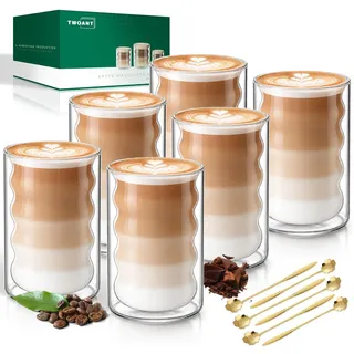 Latte Macchiato Gläser Doppelwandig 400ml 6er Pack mit 6 Löffeln Doppelwandige Kaffeegläser Cappuccino Tassen Glas Spiralförmig Thermogläser Teegläser aus Borosilikatglas