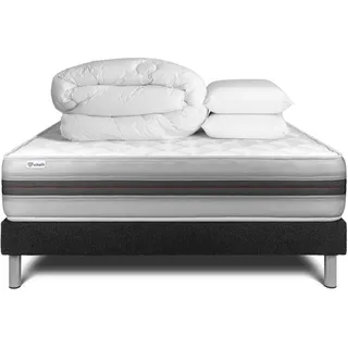 Komplettpaket Bett - Matratze 200x200 cm + Boxspringbett mit Lattenrost (im Set) + 2 Kopfkissen + Bettdecke - Vitalmemo Back - Schwarz