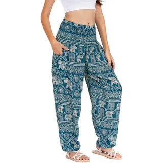 Lofbaz Damen Haremshose Yogahose Pumphose Hippie Hose Boho Kleidung Festival Outfit Sommerhose Leicht Sommer Hosen - Elephant 1 Teal Grün L