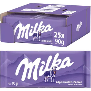 Milka Alpenmilch-Schokolade, 90 g (25er-Pack) | Klassische Tafelschokolade aus zarter Alpenmilch im Vorratspack