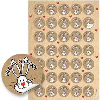 Aufkleber Set Ostern: 35 Runde Ostersticker, Hochwertiger Druck, Weiß/Natur mit Osterhasen, Frohe Ostern Schriftzug, Selbstklebend, Für Geschenke, Tüten & Karten, Made in Germany, ⌀ 3,2 cm