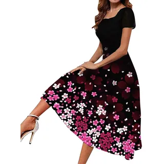 Sommerkleid Damen Lang - Boho Kleid Damen Elegant,Strandkleid Damen Midi Kurzarm Blumen Drucken Slim Fit A-Linien Langes Kleider Festlich Elegante Partykleid Sommer Blumenkleid Freizeitkleid