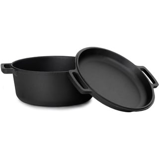 4BIG.fun 6 L Kochtopf aus Gusseisen mit Deckel-Bratpfanne 2in1 Set - Induktion Bräter Brottopf Suppentopf Bratentopf Brotbacktopf - Brotbackform Schmortopf Feuertopf Dutch Oven