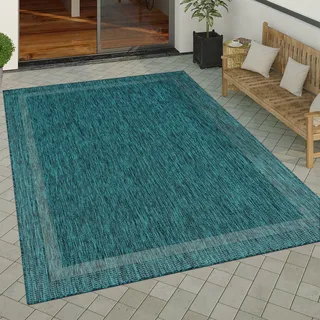 Paco Home Outdoor Teppich Flachgewebe, in Sisal-Optik mit Bordüre, UV-beständig robust Grösse 120x160 cm - Türkis