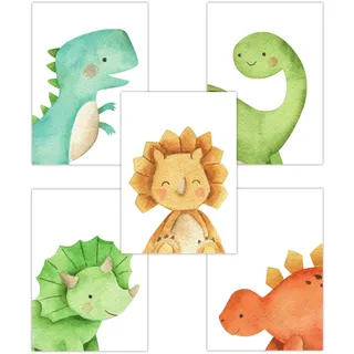 Pandawal Dino Bilder Kinderzimmer Junge süße Baby Dinosaurier Deko 5er Poster-Set für Kinder DIN A4