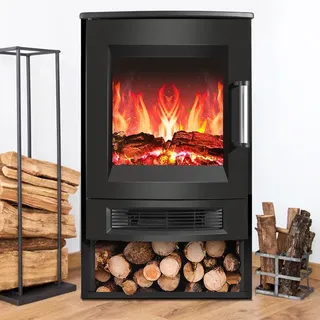 Jayseuw Elektrokamin – Elektrischer Heizofen – 900W/1800W Standkamin– Dreiseitiger Panorama-Kamin - LED-Flammeneffekt– Schwarz - Schwarz