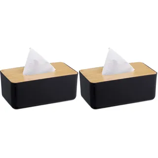 Relaxdays Taschentuchbox, nachfüllbar, Badezimmer, Tücherbox, Bambus-Deckel, Kunststoff, HBT: 10x23x13 cm, schwarz/Natur (Packung mit 2)