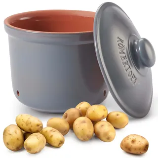 Römertopf Vorratstopf MAXI PLUS aus Naturton, blau-grau, Ø 26 x 25 cm, 5,5 L, belüfteter Keramik-Frischetopf für ca. 3 kg Kartoffeln & Gemüse, Unterteil glasiert, spülmaschinengeeignet