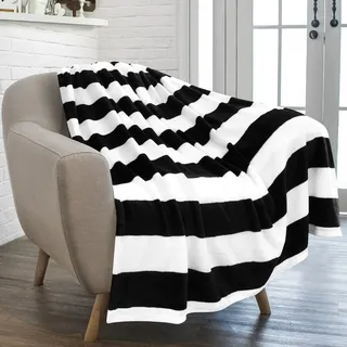 PAVILIA Gestreifte Überwurfdecke für Sofa, Couch, weiches Flanell-Fleece, gestreift, schwarz-weiß, dekorativer Überwurf, warme, gemütliche, leichte Mikrofaser, 127 x 152 cm