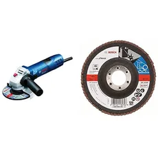 Bosch Professional Winkelschleifer GWS 7-115 E (Ø 115 mm, mit Wiederanlaufschutz, 6-stufige Drehzahlvorwahl, im Karton) + Fächerschleifscheibe (verschiedene Materialien, Ø 115 mm, Körnung 40)