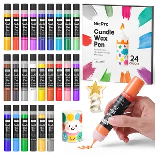 Nicpro Kerzenstifte 24 Farben X 30 ml, Wachsstifte für Kerzen, 3D Kerzenwachs Stift Inklusive Glitzer Silber Gold, Ungiftiges, Kerzenstifte zum Verzieren für Geburtstage, Ostern, Weihnachten Kerzen