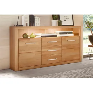 Home affaire Sideboard »Ribe,130cm breit,80cm hoch,Oberplatte Holz massiv,6 Fächer« Holz massiv, Holzwerkstoff, Metall Griffe,2 Türen,3 Schubladen, beige